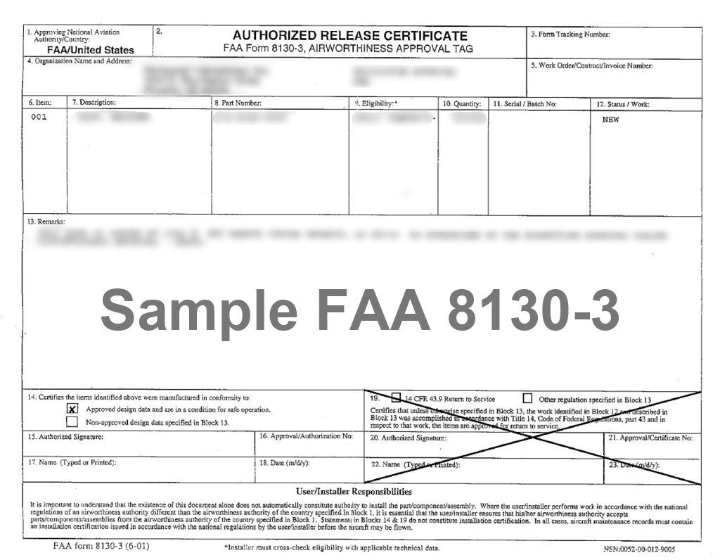 Optional FAA Form 8130-3 Airworthiness Approval Tag for FAA PMA Products
